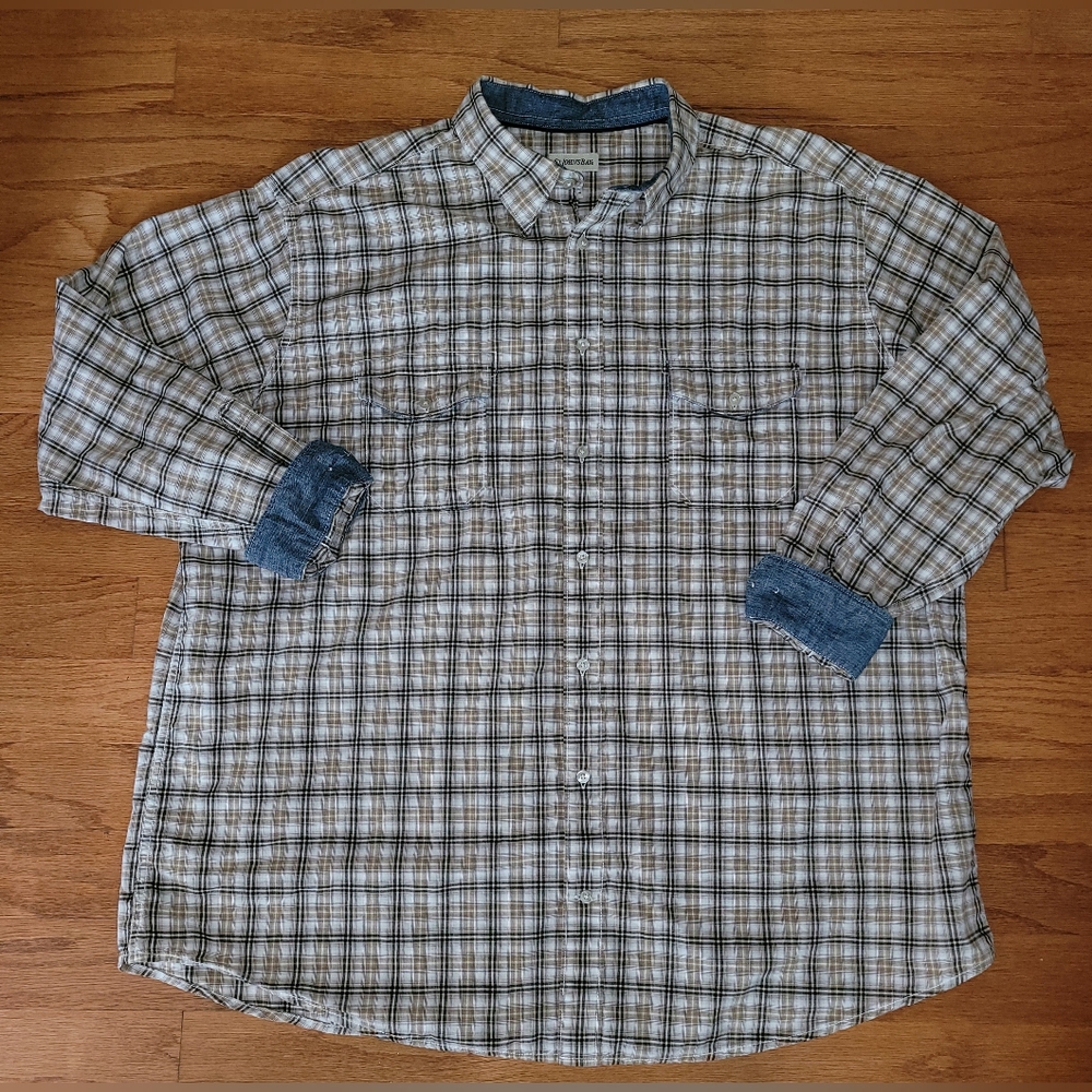 Men's St. John's Bay Tan Khaki Multi Plaid Button Down Shirt, Size 3XL Tall
